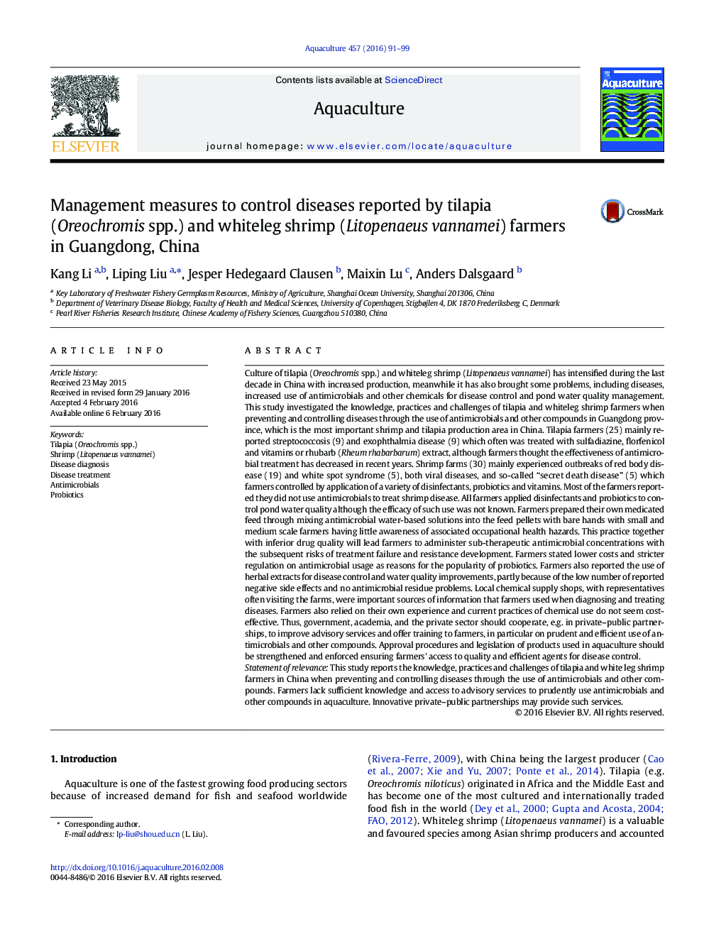 عکس صفحه اول مقاله: Management measures to control diseases reported by tilapia (Oreochromis spp.) and whiteleg shrimp (Litopenaeus vannamei) farmers in Guangdong, China Management measures to control diseases reported by tilapia (Oreochromis spp.) and whiteleg shrimp (Litopenaeus vannamei) farmers in Guangdong, China
