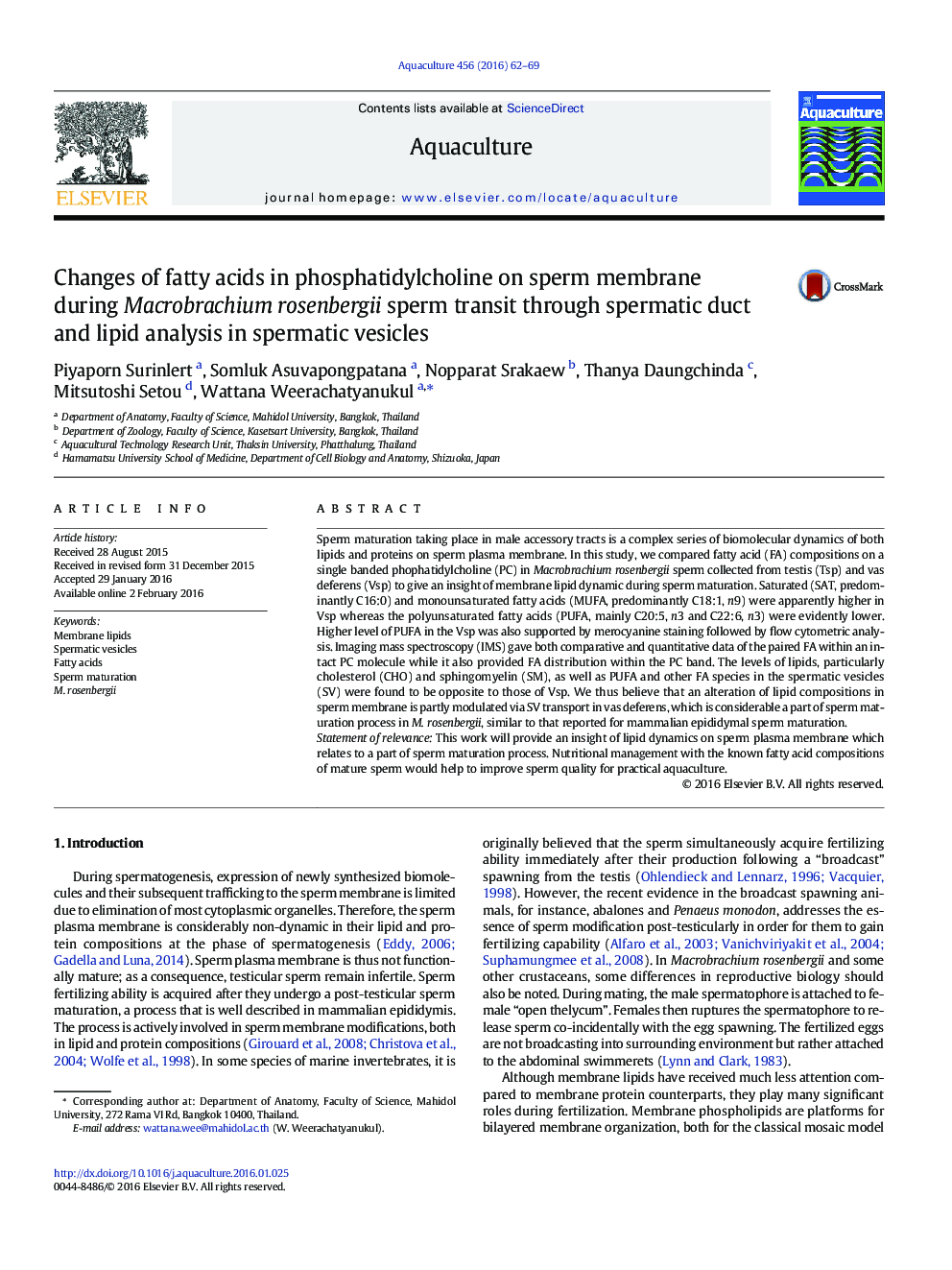 Changes of fatty acids in phosphatidylcholine on sperm membrane during Macrobrachium rosenbergii sperm transit through spermatic duct and lipid analysis in spermatic vesicles