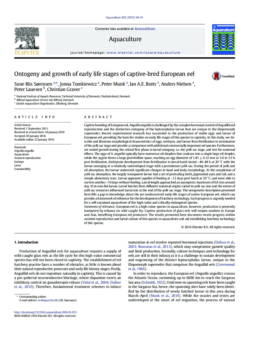 Ontogeny and growth of early life stages of captive-bred European eel