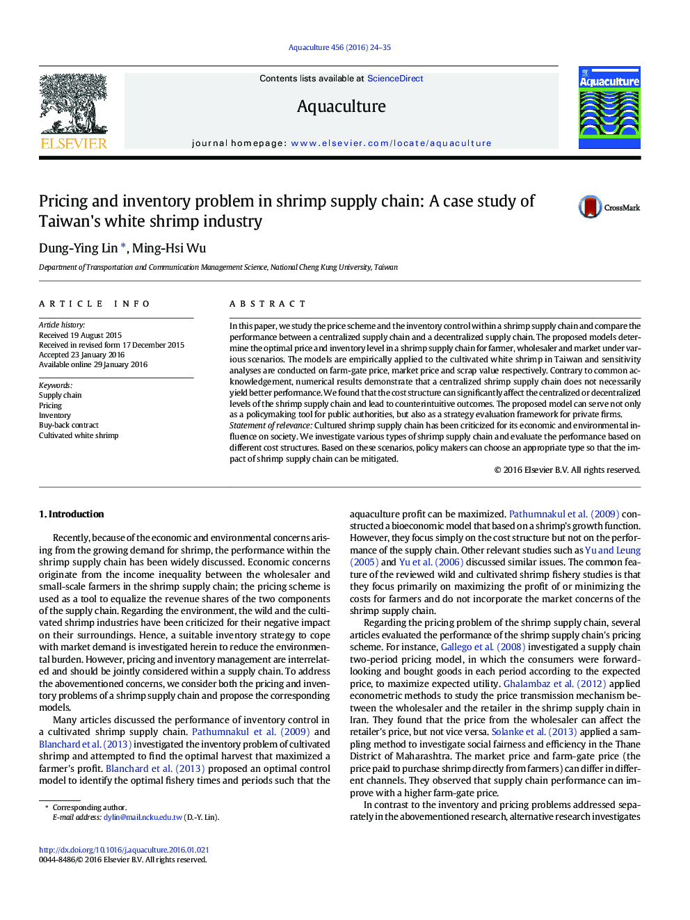 Pricing and inventory problem in shrimp supply chain: A case study of Taiwan's white shrimp industry