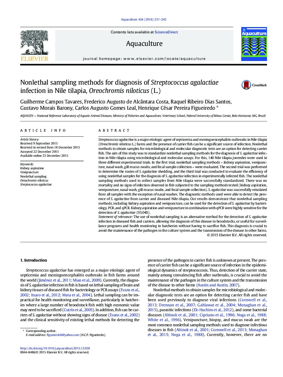 Nonlethal sampling methods for diagnosis of Streptococcus agalactiae infection in Nile tilapia, Oreochromis niloticus (L.)