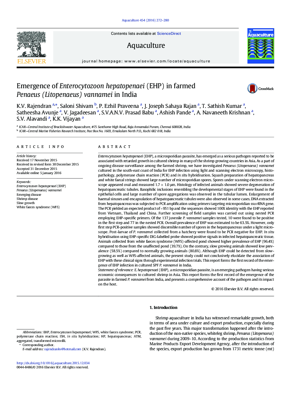 Emergence of Enterocytozoon hepatopenaei (EHP) in farmed Penaeus (Litopenaeus) vannamei in India