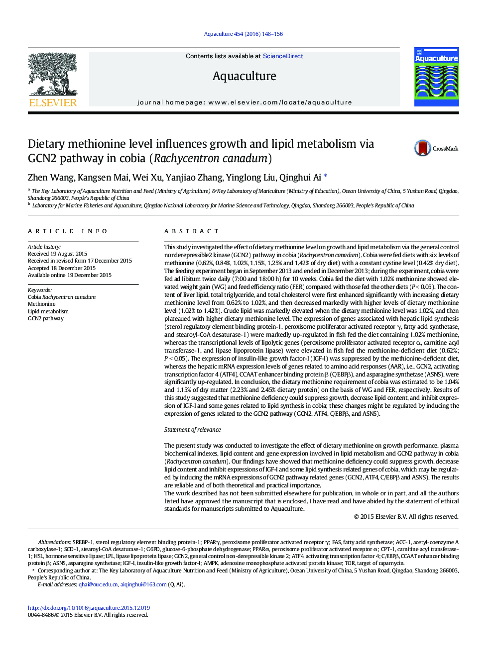 Dietary methionine level influences growth and lipid metabolism via GCN2 pathway in cobia (Rachycentron canadum)