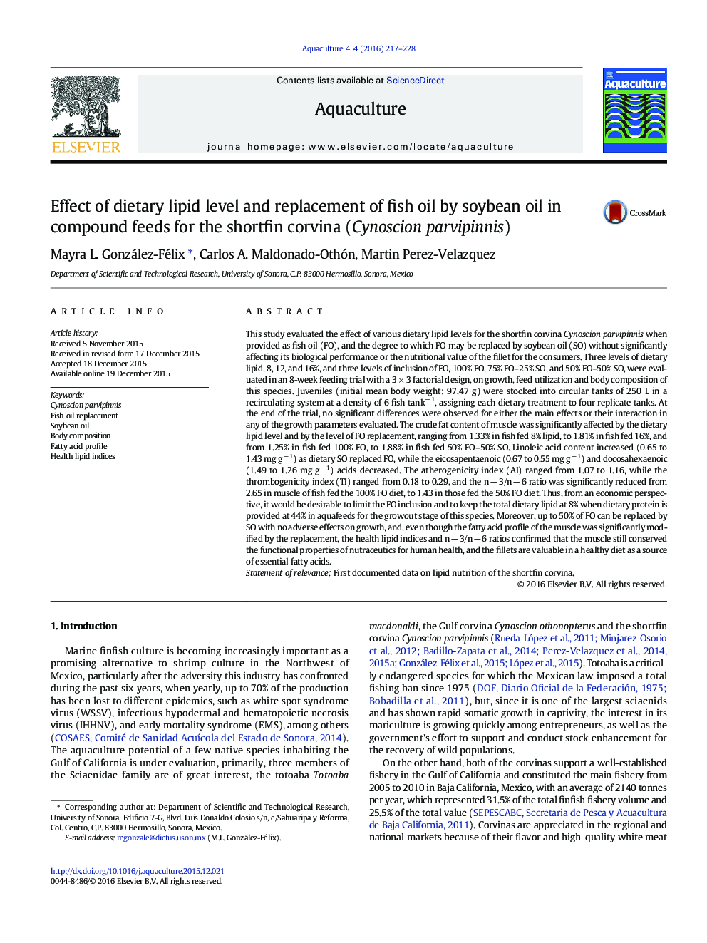 Effect of dietary lipid level and replacement of fish oil by soybean oil in compound feeds for the shortfin corvina (Cynoscion parvipinnis)