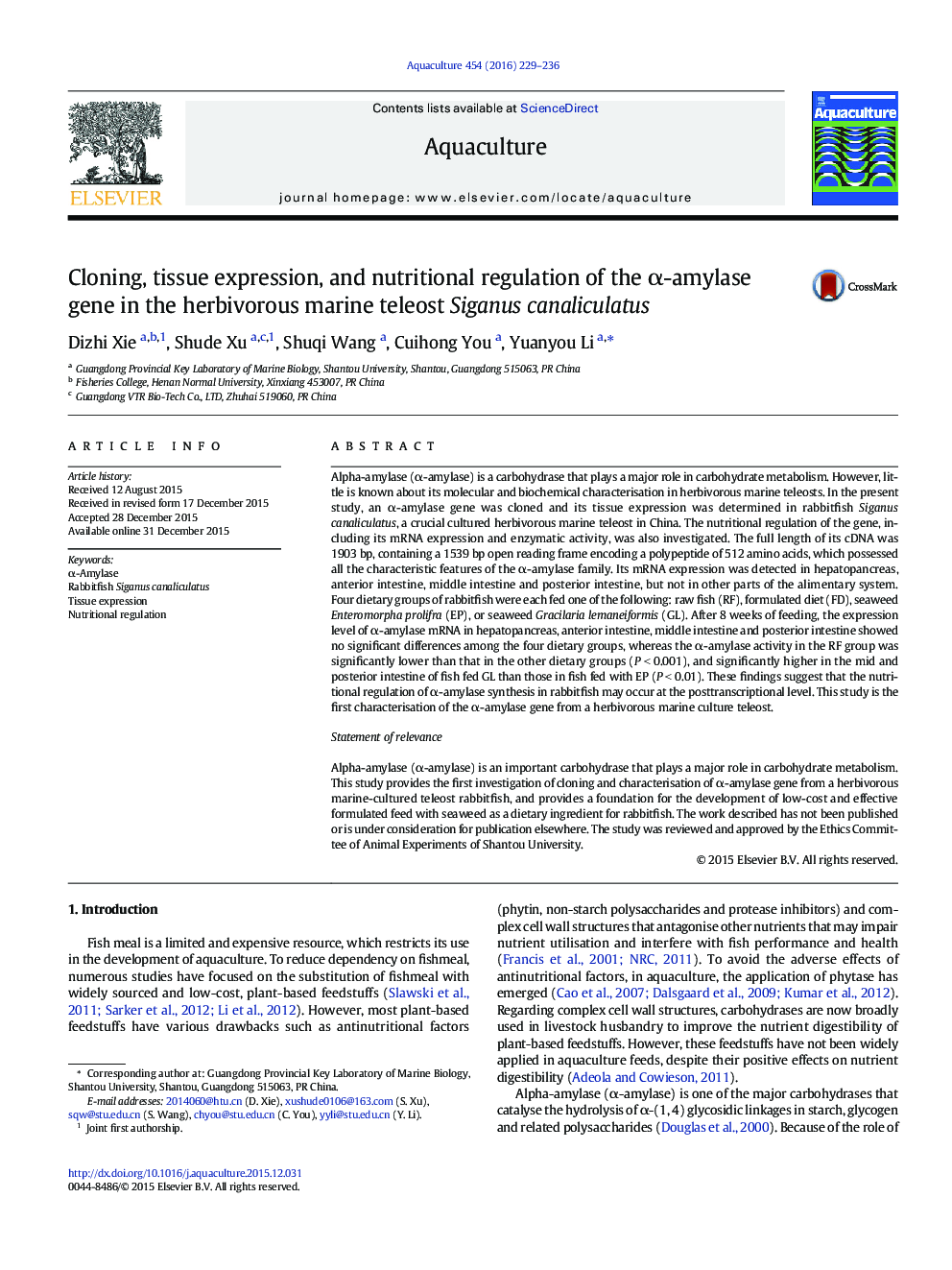 Cloning, tissue expression, and nutritional regulation of the α-amylase gene in the herbivorous marine teleost Siganus canaliculatus