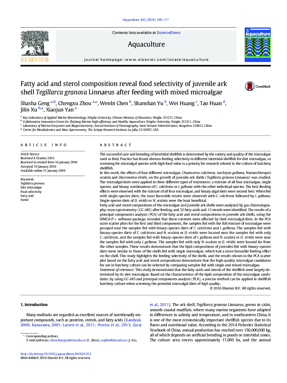 Fatty acid and sterol composition reveal food selectivity of juvenile ark shell Tegillarca granosa Linnaeus after feeding with mixed microalgae