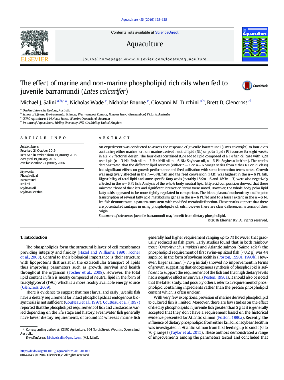 The effect of marine and non-marine phospholipid rich oils when fed to juvenile barramundi (Lates calcarifer)