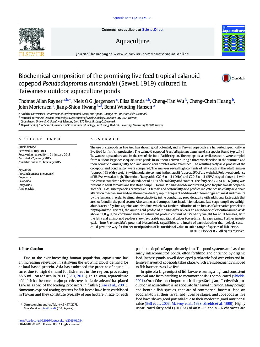 Biochemical composition of the promising live feed tropical calanoid copepod Pseudodiaptomus annandalei (Sewell 1919) cultured in Taiwanese outdoor aquaculture ponds