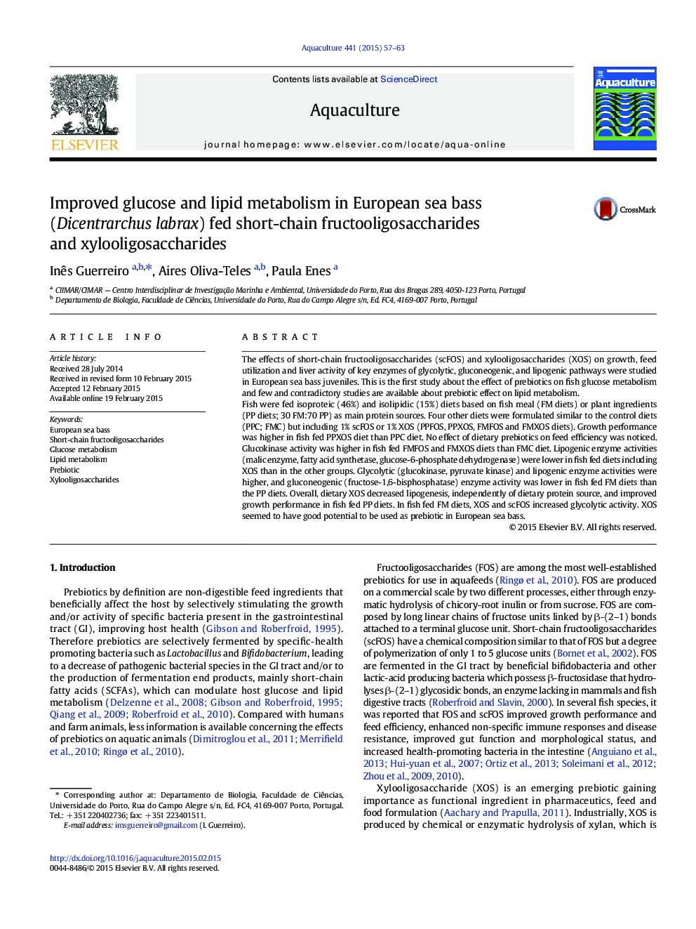 Improved glucose and lipid metabolism in European sea bass (Dicentrarchus labrax) fed short-chain fructooligosaccharides and xylooligosaccharides