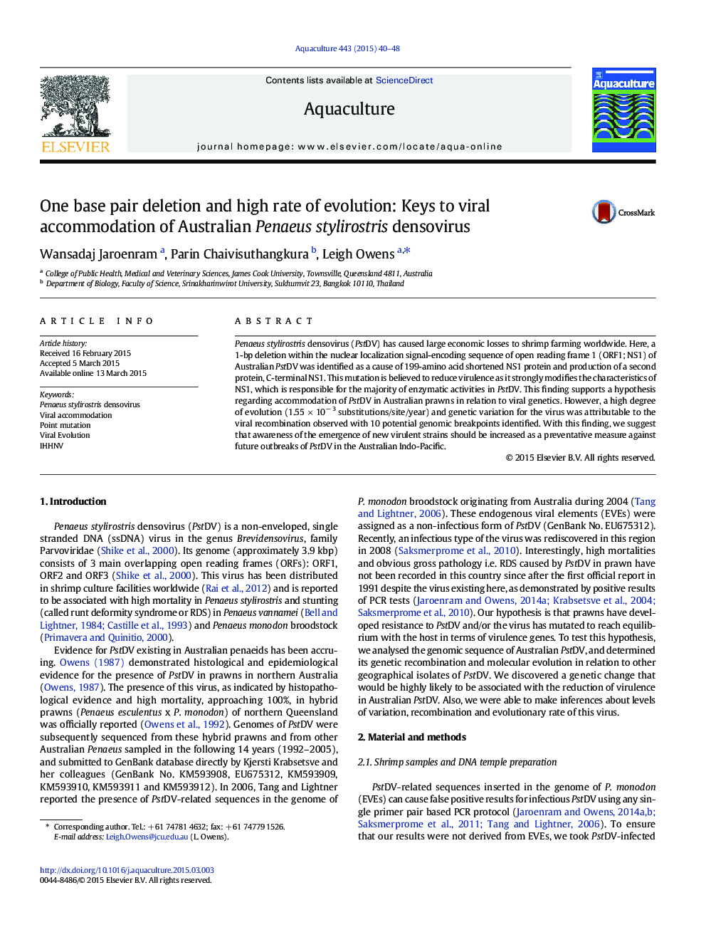 One base pair deletion and high rate of evolution: Keys to viral accommodation of Australian Penaeus stylirostris densovirus