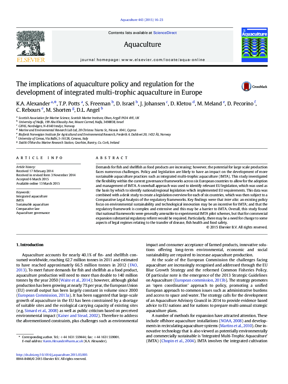 The implications of aquaculture policy and regulation for the development of integrated multi-trophic aquaculture in Europe