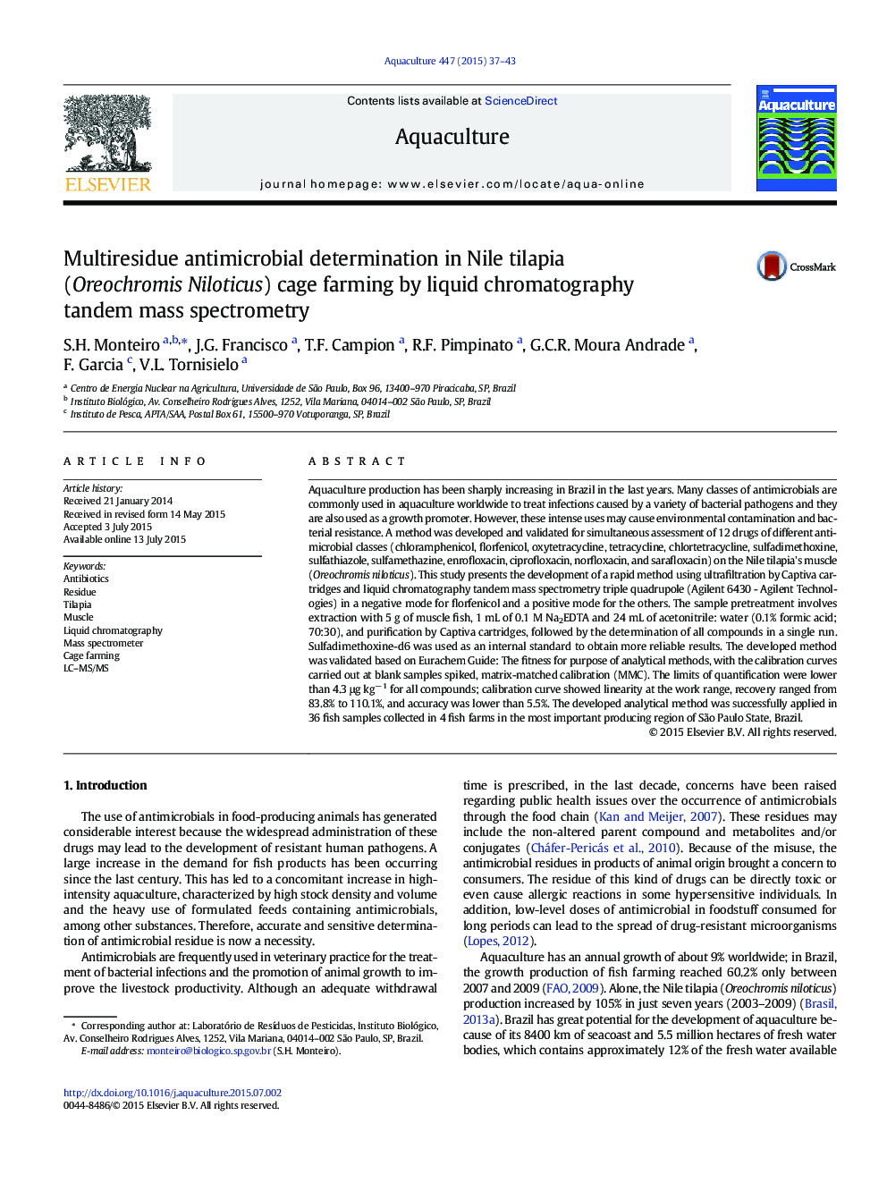 Multiresidue antimicrobial determination in Nile tilapia (Oreochromis Niloticus) cage farming by liquid chromatography tandem mass spectrometry