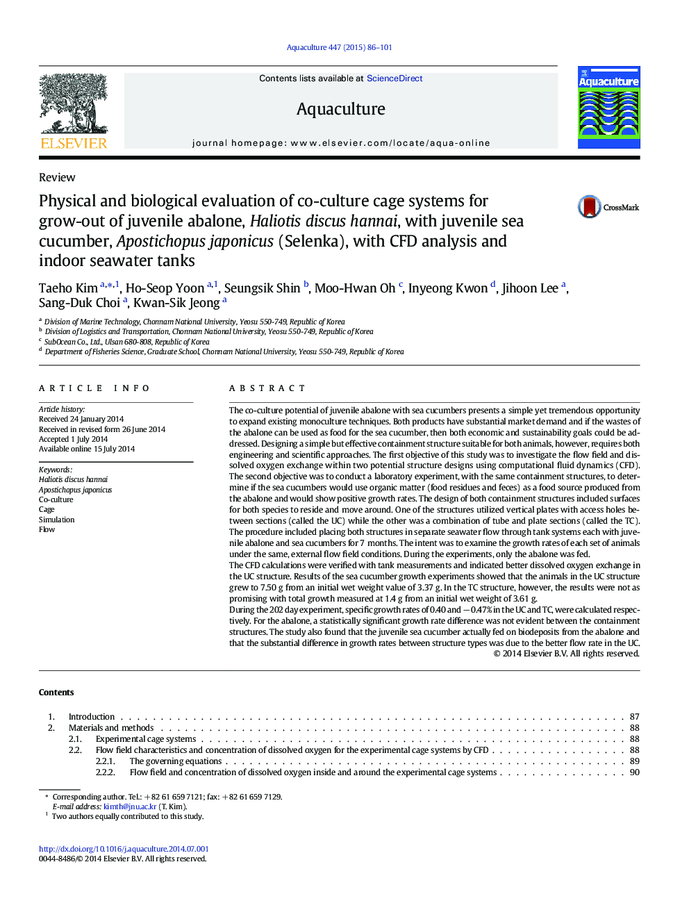 Physical and biological evaluation of co-culture cage systems for grow-out of juvenile abalone, Haliotis discus hannai, with juvenile sea cucumber, Apostichopus japonicus (Selenka), with CFD analysis and indoor seawater tanks