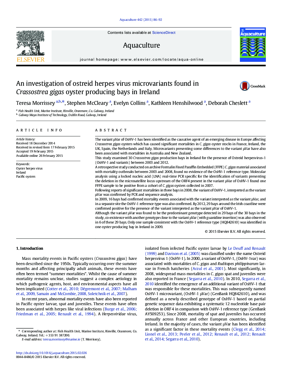 An investigation of ostreid herpes virus microvariants found in Crassostrea gigas oyster producing bays in Ireland