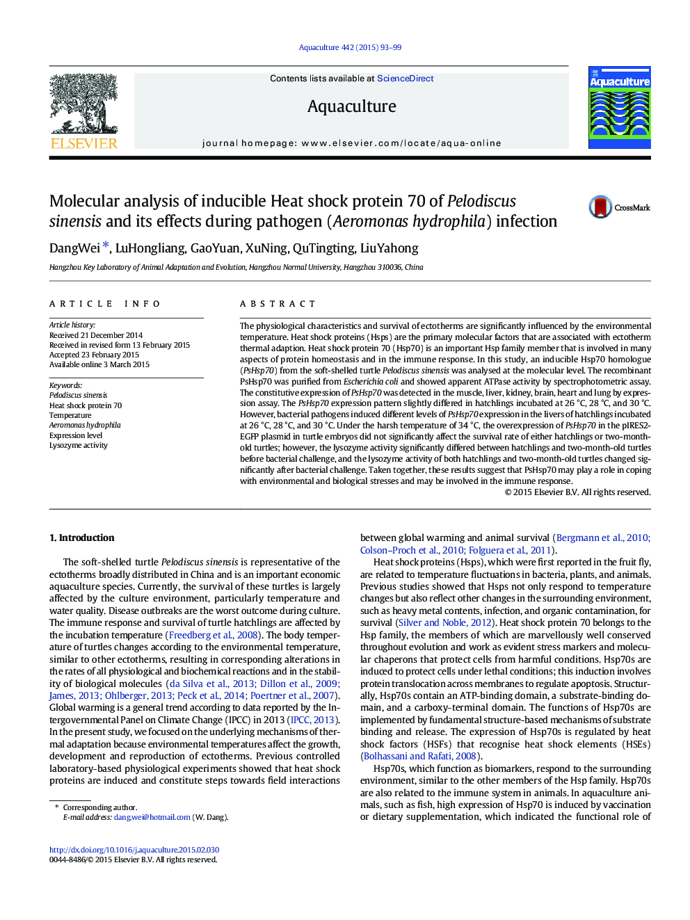 Molecular analysis of inducible Heat shock protein 70 of Pelodiscus sinensis and its effects during pathogen (Aeromonas hydrophila) infection