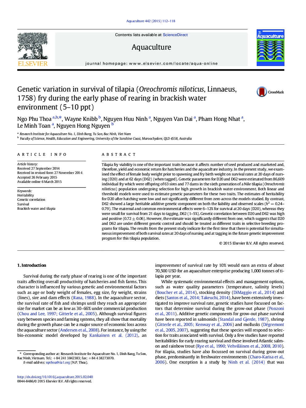 Genetic variation in survival of tilapia (Oreochromis niloticus, Linnaeus, 1758) fry during the early phase of rearing in brackish water environment (5–10 ppt)