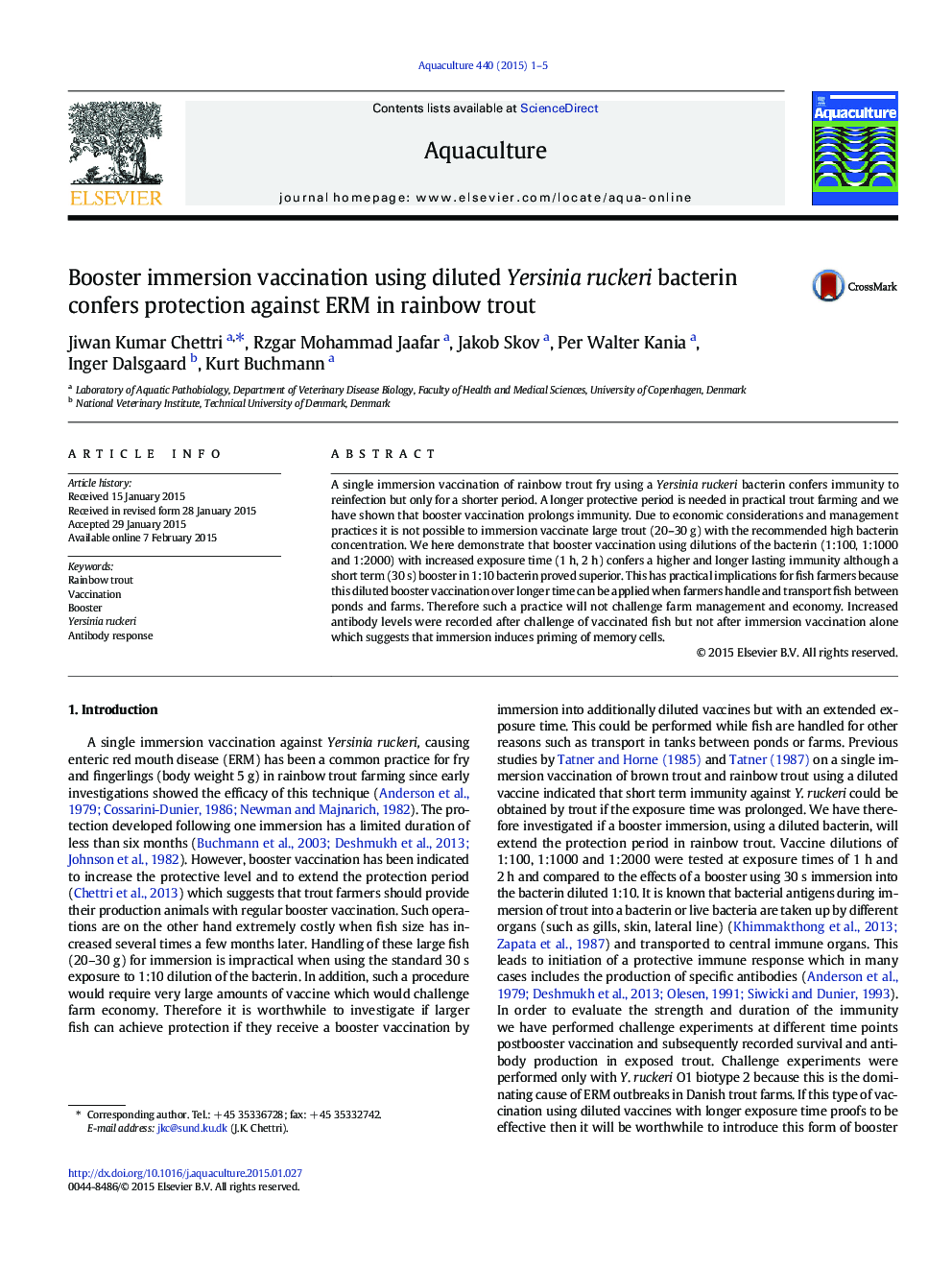 Booster immersion vaccination using diluted Yersinia ruckeri bacterin confers protection against ERM in rainbow trout