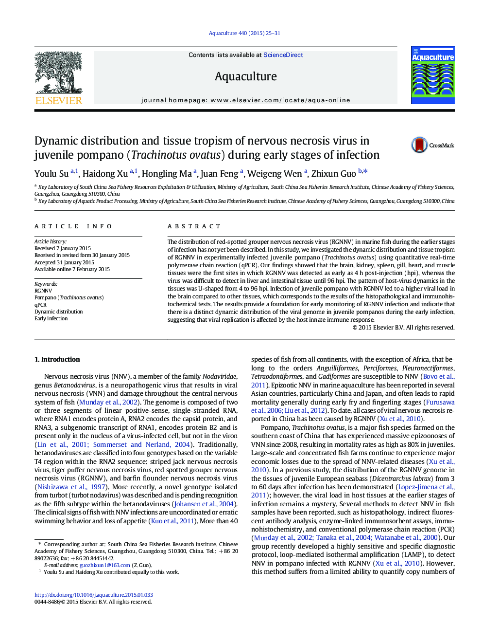 Dynamic distribution and tissue tropism of nervous necrosis virus in juvenile pompano (Trachinotus ovatus) during early stages of infection