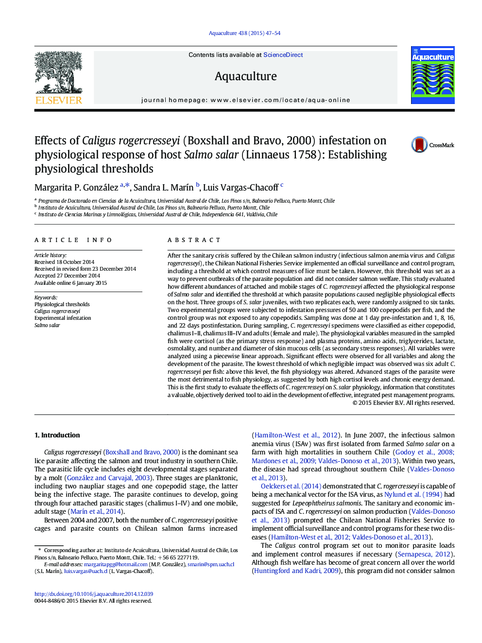 Effects of Caligus rogercresseyi (Boxshall and Bravo, 2000) infestation on physiological response of host Salmo salar (Linnaeus 1758): Establishing physiological thresholds