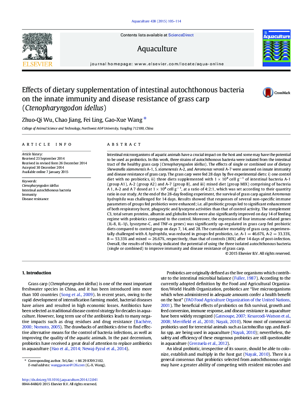 Effects of dietary supplementation of intestinal autochthonous bacteria on the innate immunity and disease resistance of grass carp (Ctenopharyngodon idellus)