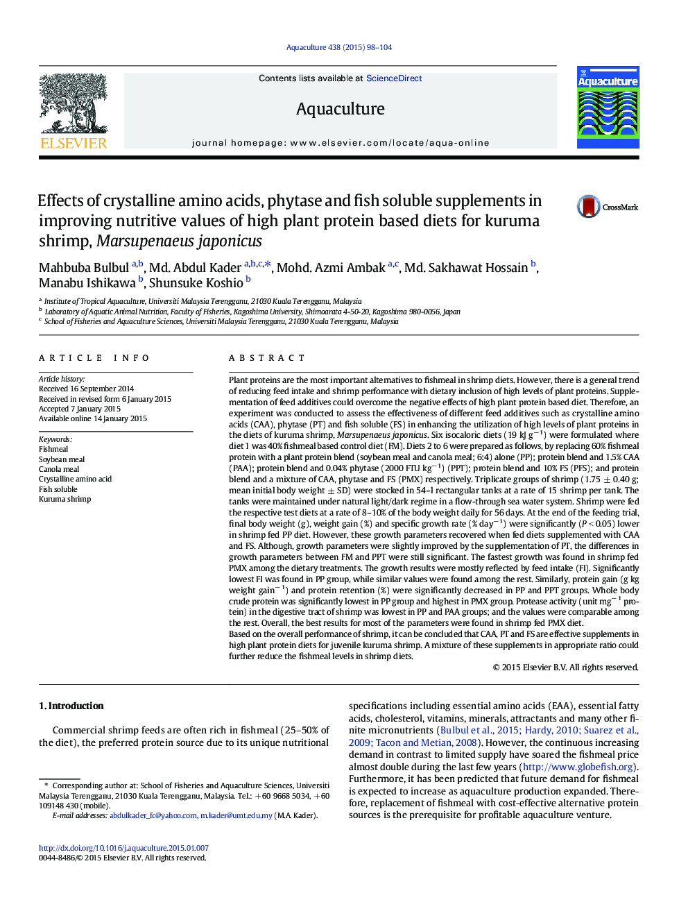 Effects of crystalline amino acids, phytase and fish soluble supplements in improving nutritive values of high plant protein based diets for kuruma shrimp, Marsupenaeus japonicus