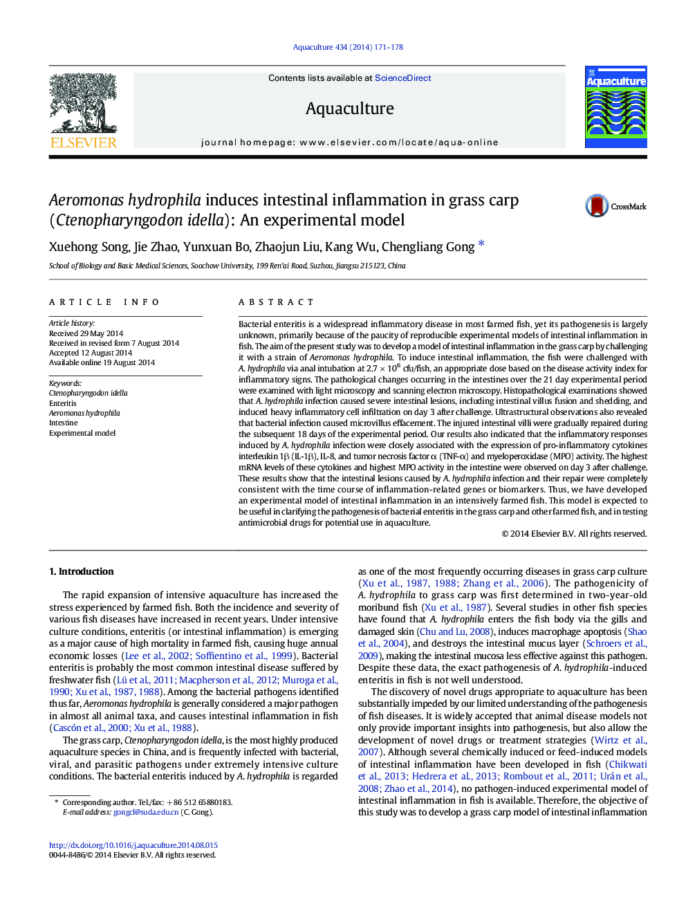 Aeromonas hydrophila induces intestinal inflammation in grass carp (Ctenopharyngodon idella): An experimental model