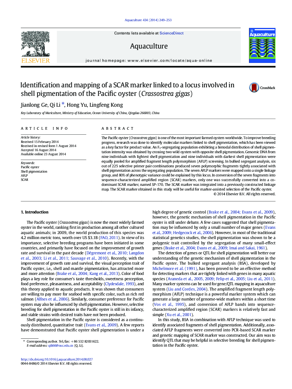 Identification and mapping of a SCAR marker linked to a locus involved in shell pigmentation of the Pacific oyster (Crassostrea gigas)