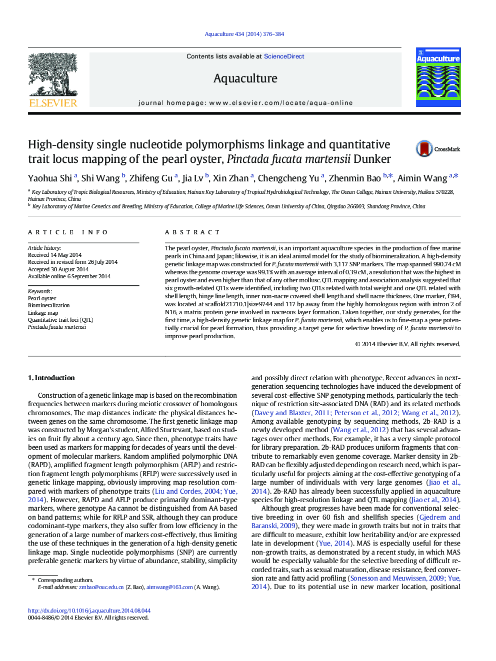 High-density single nucleotide polymorphisms linkage and quantitative trait locus mapping of the pearl oyster, Pinctada fucata martensii Dunker