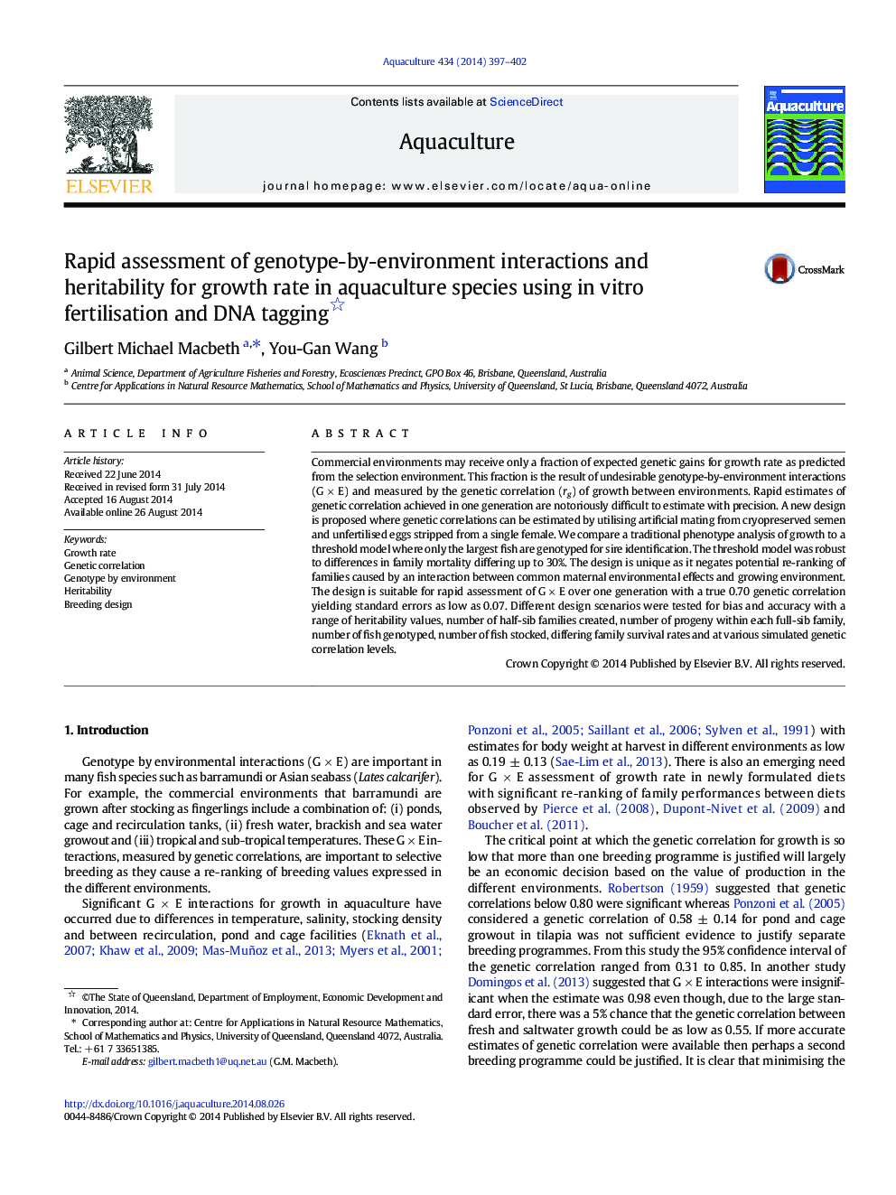 Rapid assessment of genotype-by-environment interactions and heritability for growth rate in aquaculture species using in vitro fertilisation and DNA tagging 