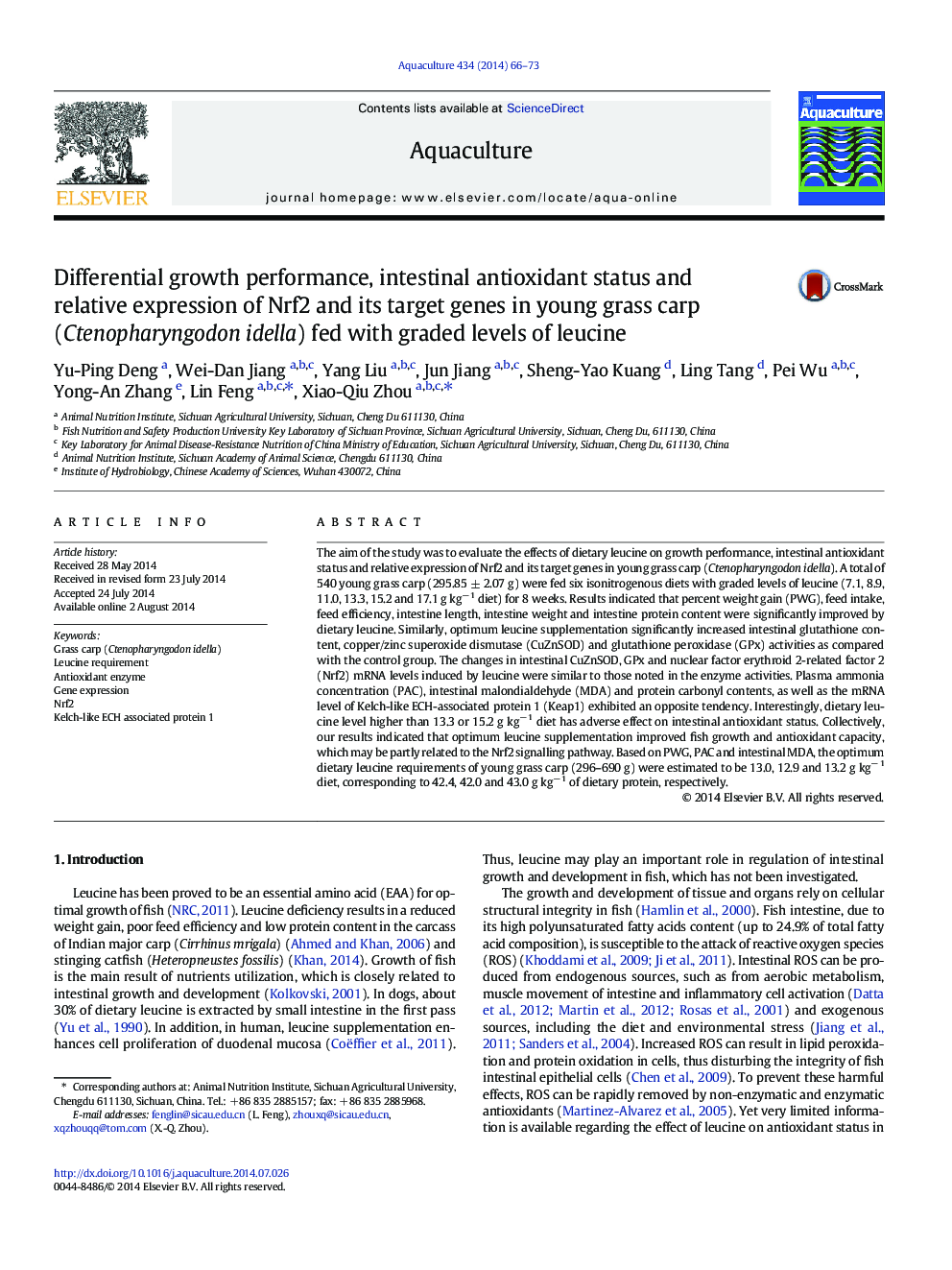 Differential growth performance, intestinal antioxidant status and relative expression of Nrf2 and its target genes in young grass carp (Ctenopharyngodon idella) fed with graded levels of leucine