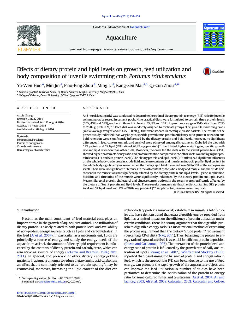 Effects of dietary protein and lipid levels on growth, feed utilization and body composition of juvenile swimming crab, Portunus trituberculatus