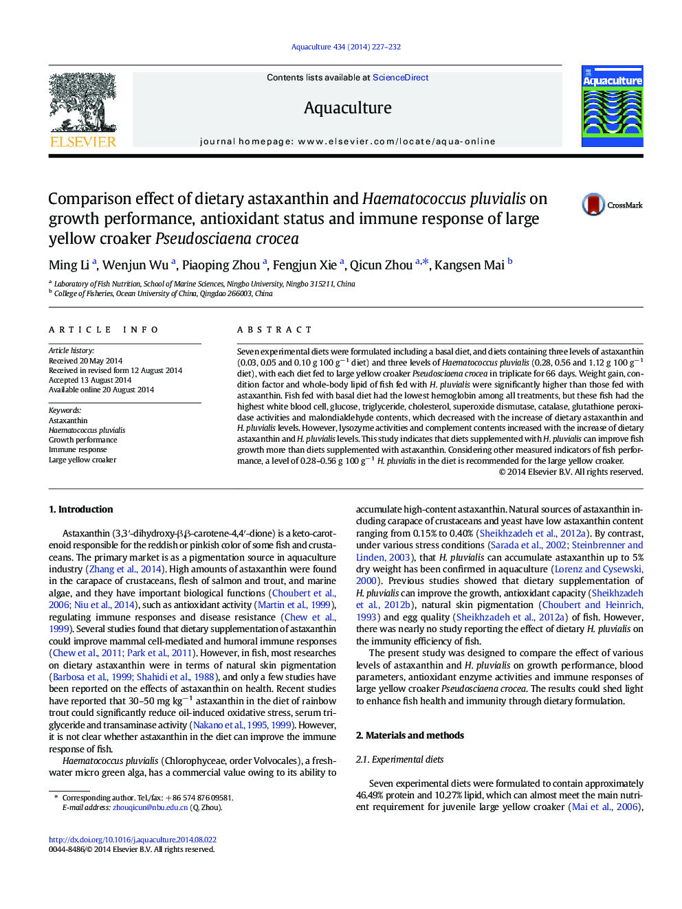 Comparison effect of dietary astaxanthin and Haematococcus pluvialis on growth performance, antioxidant status and immune response of large yellow croaker Pseudosciaena crocea