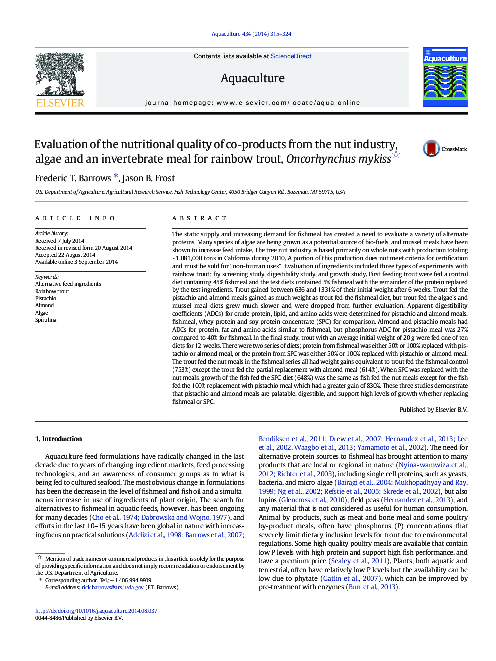 Evaluation of the nutritional quality of co-products from the nut industry, algae and an invertebrate meal for rainbow trout, Oncorhynchus mykiss 