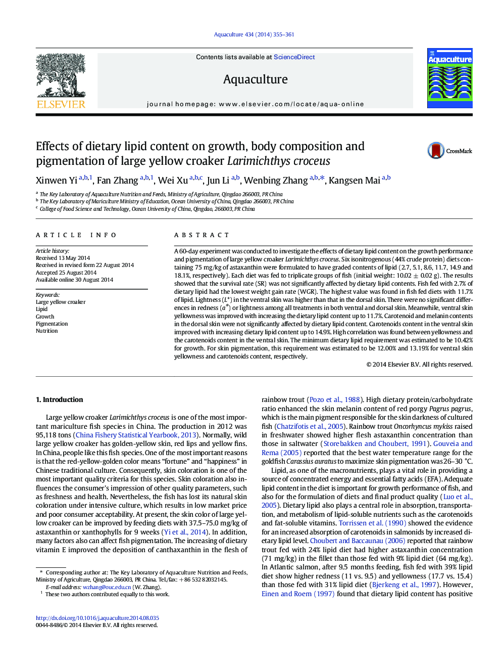 Effects of dietary lipid content on growth, body composition and pigmentation of large yellow croaker Larimichthys croceus