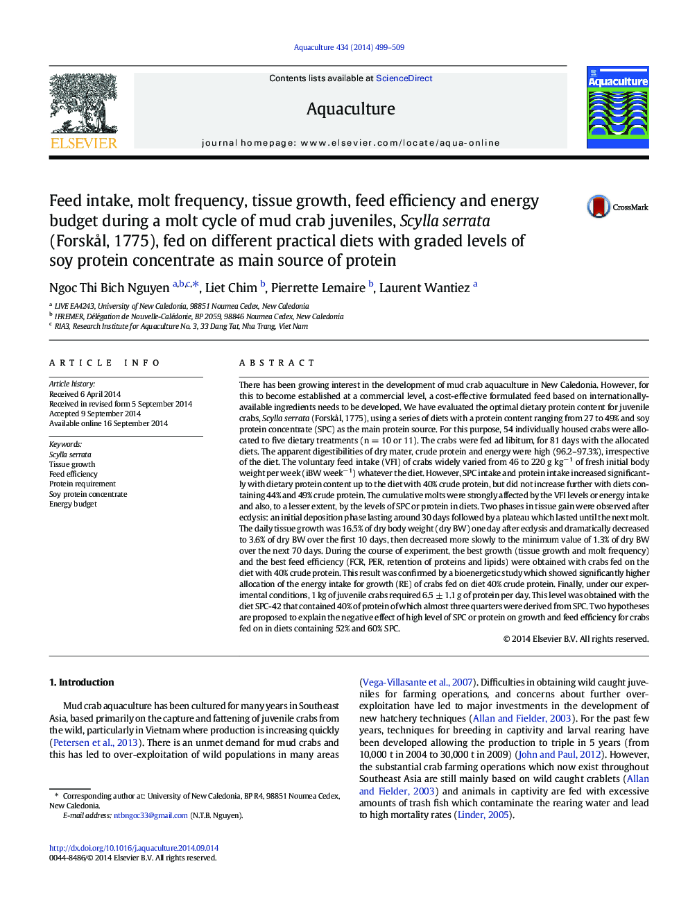 Feed intake, molt frequency, tissue growth, feed efficiency and energy budget during a molt cycle of mud crab juveniles, Scylla serrata (Forskål, 1775), fed on different practical diets with graded levels of soy protein concentrate as main source of prote