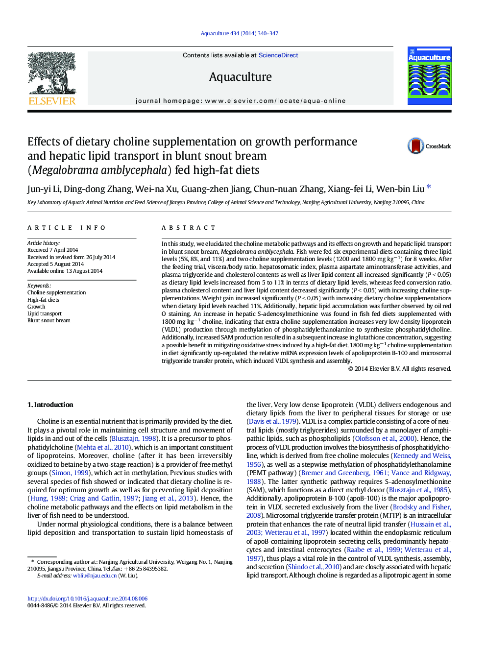 Effects of dietary choline supplementation on growth performance and hepatic lipid transport in blunt snout bream (Megalobrama amblycephala) fed high-fat diets