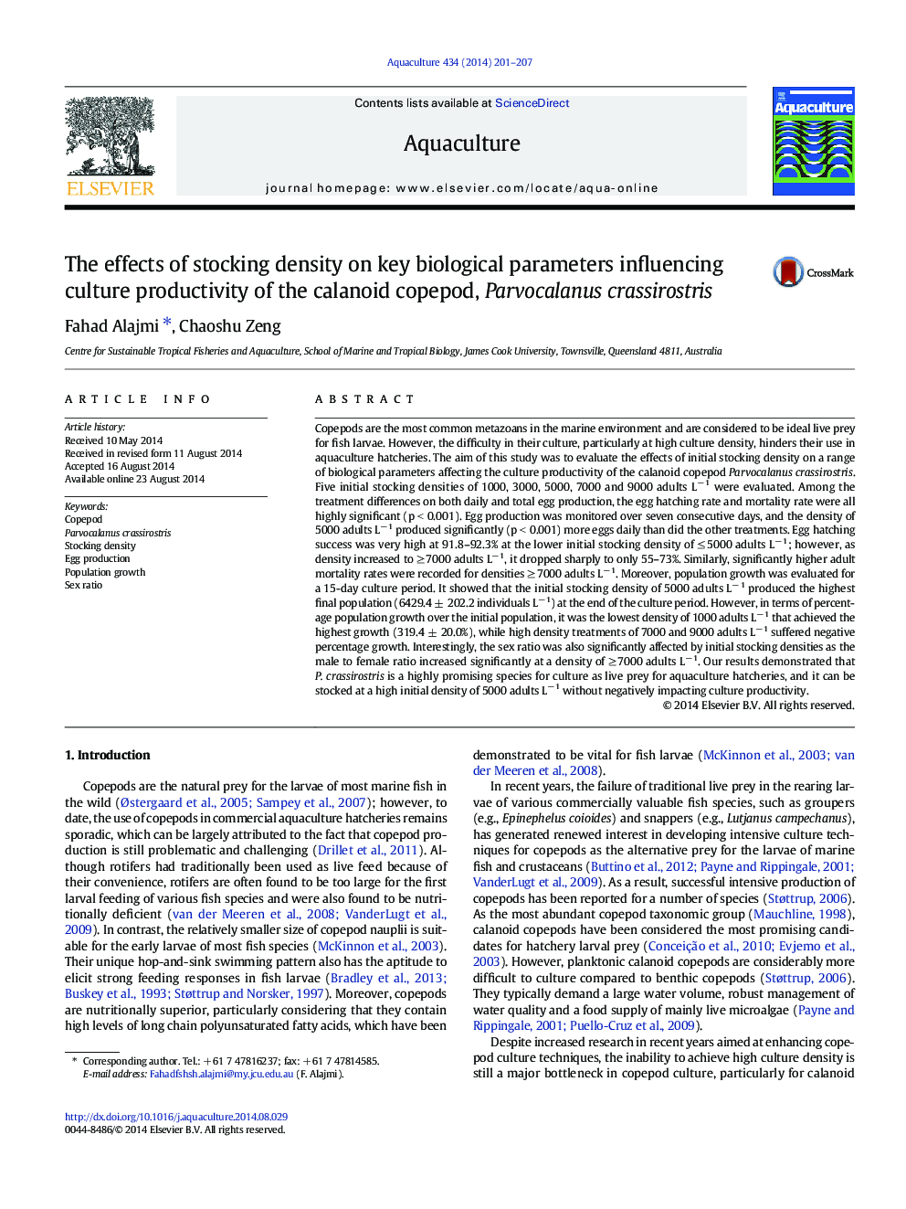 The effects of stocking density on key biological parameters influencing culture productivity of the calanoid copepod, Parvocalanus crassirostris