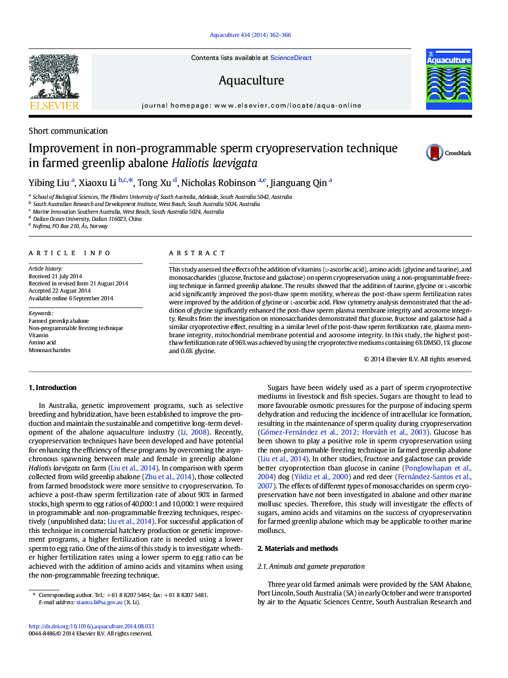 Improvement in non-programmable sperm cryopreservation technique in farmed greenlip abalone Haliotis laevigata