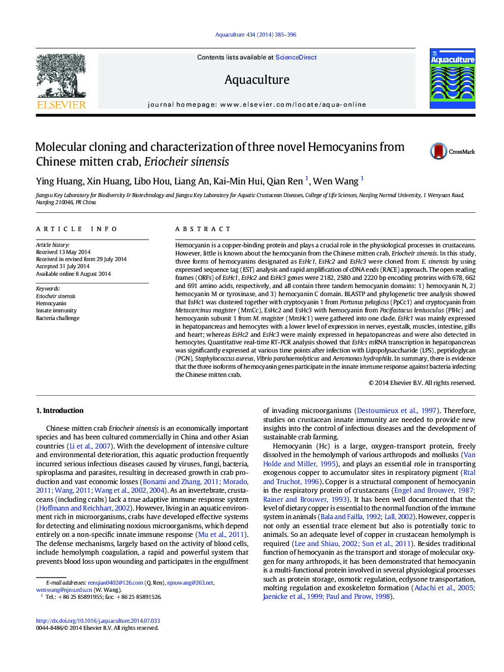 Molecular cloning and characterization of three novel Hemocyanins from Chinese mitten crab, Eriocheir sinensis