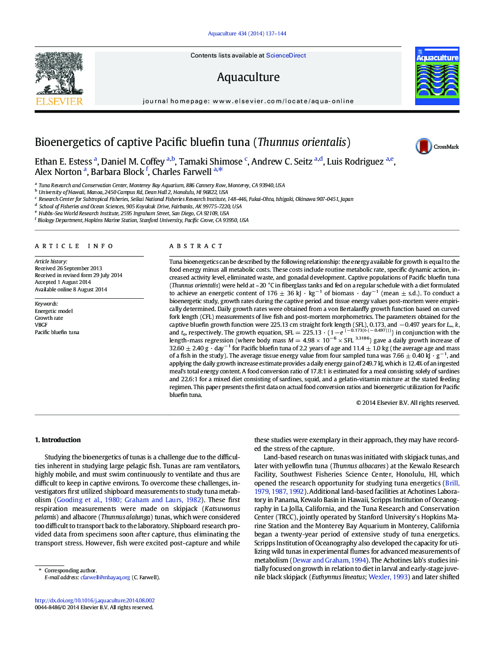 Bioenergetics of captive Pacific bluefin tuna (Thunnus orientalis)