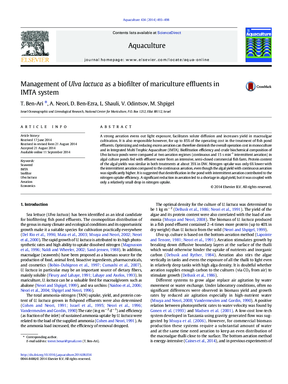 Management of Ulva lactuca as a biofilter of mariculture effluents in IMTA system