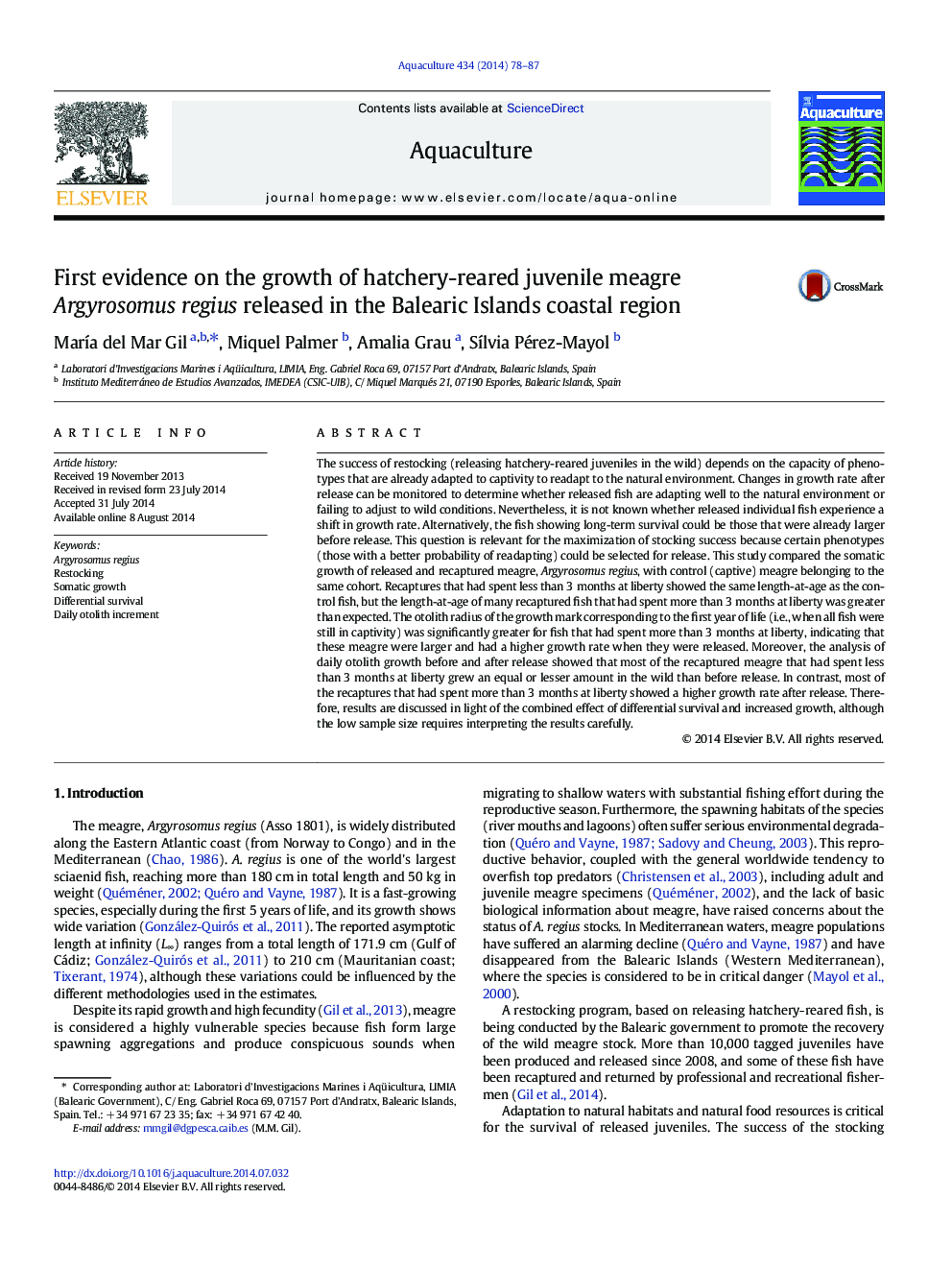 First evidence on the growth of hatchery-reared juvenile meagre Argyrosomus regius released in the Balearic Islands coastal region