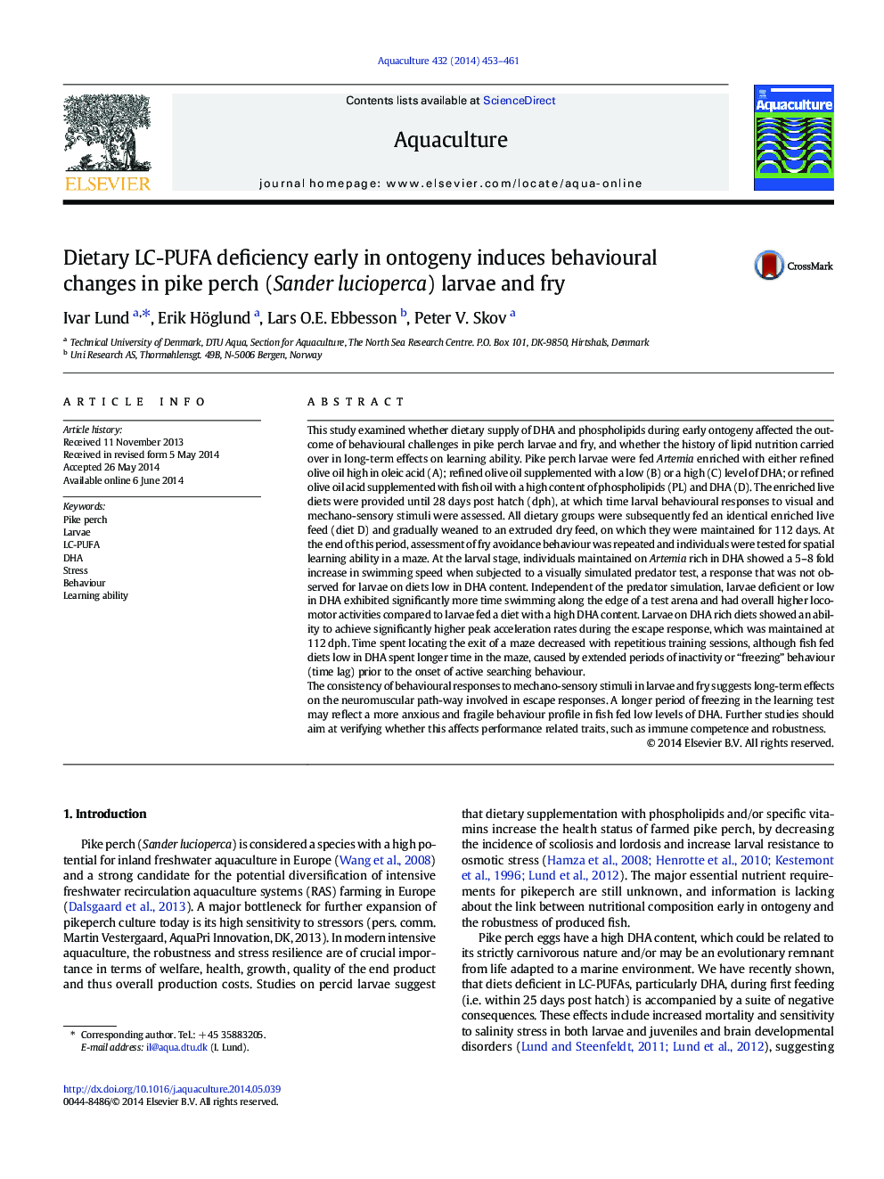 Dietary LC-PUFA deficiency early in ontogeny induces behavioural changes in pike perch (Sander lucioperca) larvae and fry