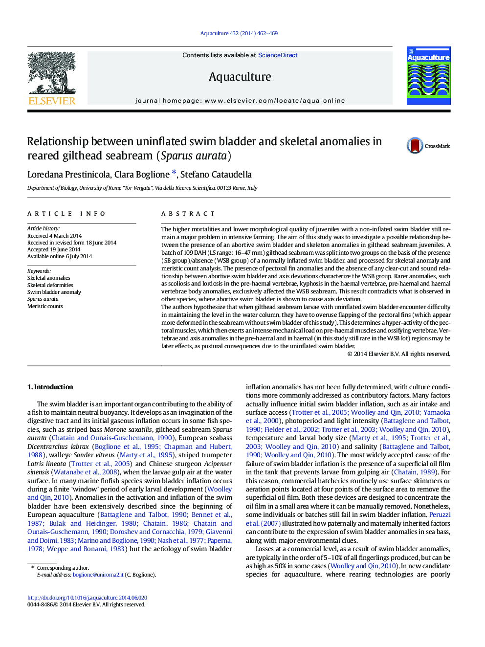 Relationship between uninflated swim bladder and skeletal anomalies in reared gilthead seabream (Sparus aurata)