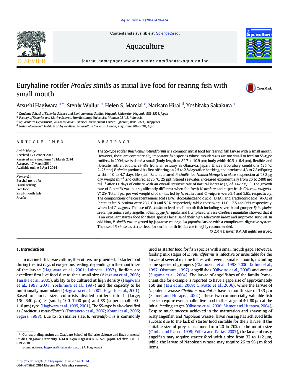 Euryhaline rotifer Proales similis as initial live food for rearing fish with small mouth