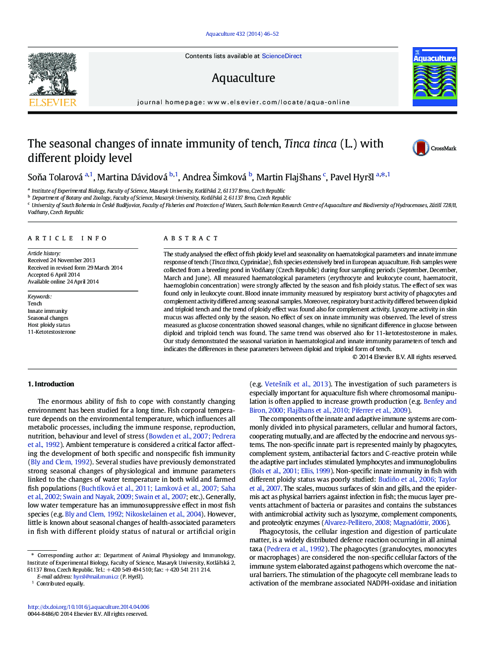 The seasonal changes of innate immunity of tench, Tinca tinca (L.) with different ploidy level