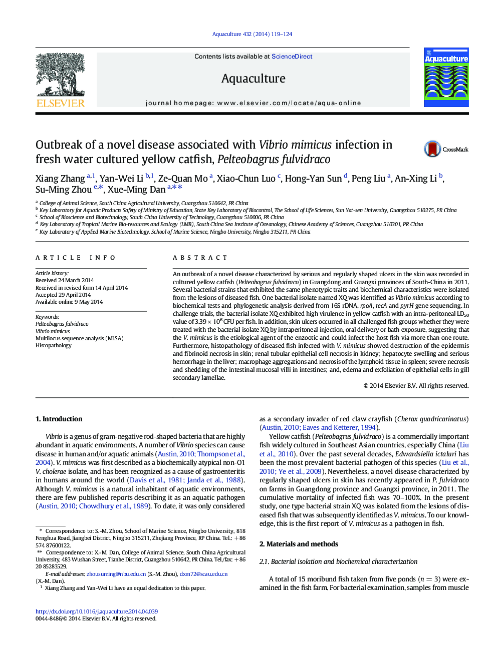 Outbreak of a novel disease associated with Vibrio mimicus infection in fresh water cultured yellow catfish, Pelteobagrus fulvidraco