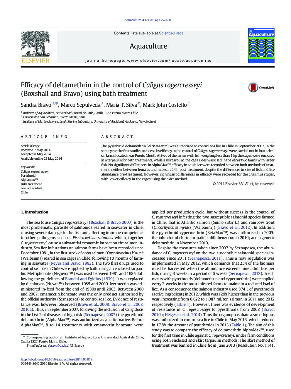 Efficacy of deltamethrin in the control of Caligus rogercresseyi (Boxshall and Bravo) using bath treatment