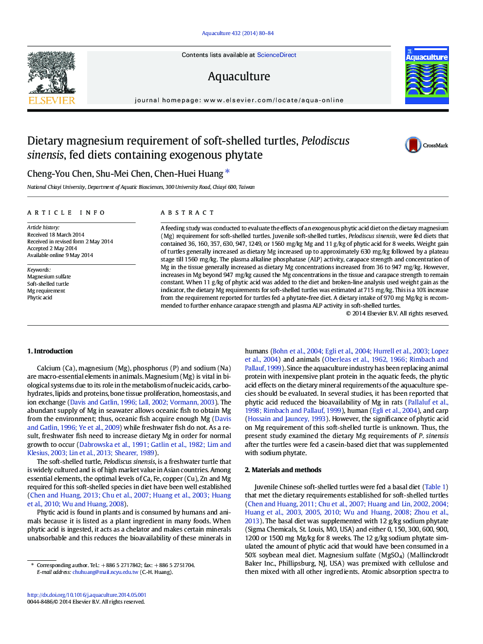 Dietary magnesium requirement of soft-shelled turtles, Pelodiscus sinensis, fed diets containing exogenous phytate