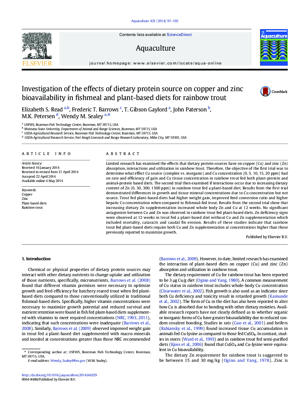 Investigation of the effects of dietary protein source on copper and zinc bioavailability in fishmeal and plant-based diets for rainbow trout